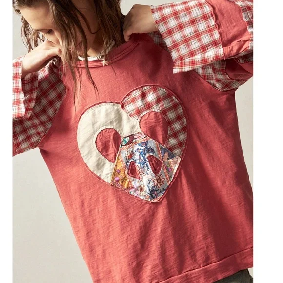 Boho Floral Print Plaid Print Heart Peach Sign Color Block Top - Picture 2 of 6